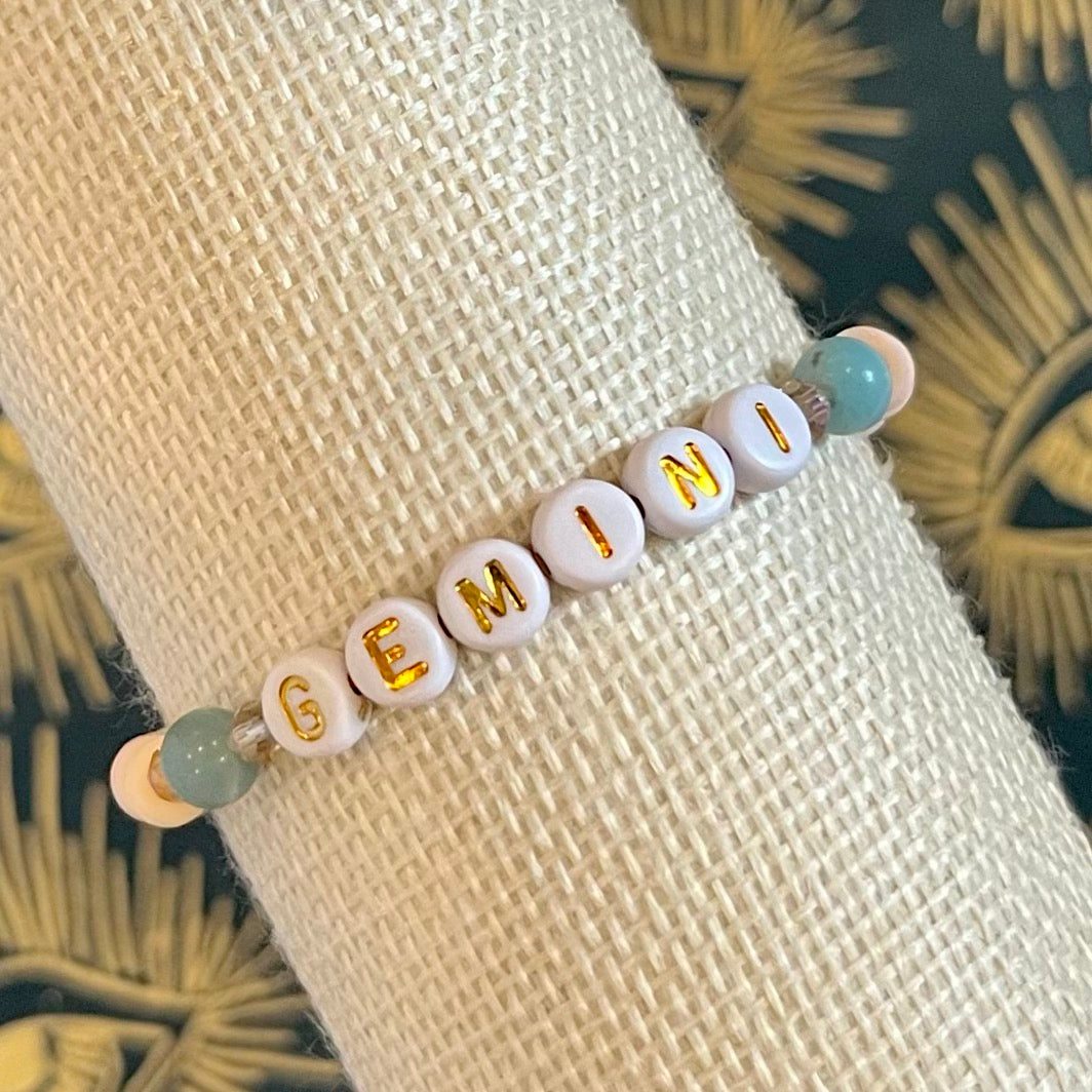 Libra Zodiac Bracelet: White Gold Letter Beads with Sunstone and