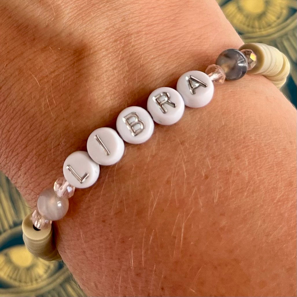 Aquarius Zodiac Bracelet: White Silver Letter Beads and rhodonite