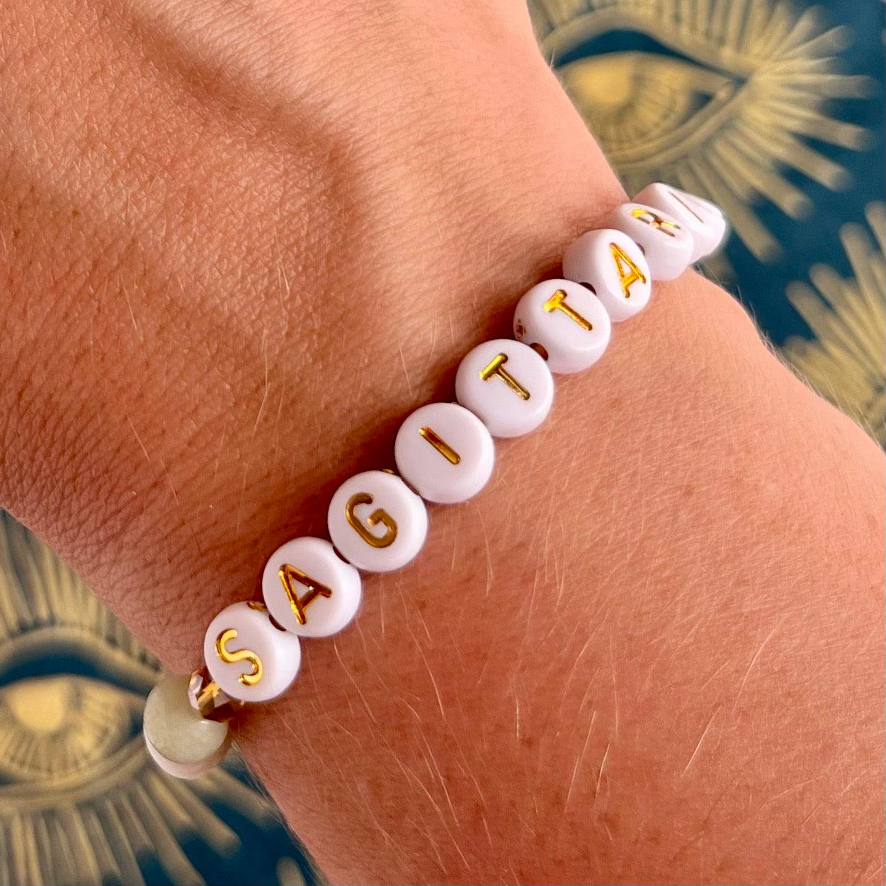 Libra Zodiac Bracelet: White Gold Letter Beads with Sunstone and