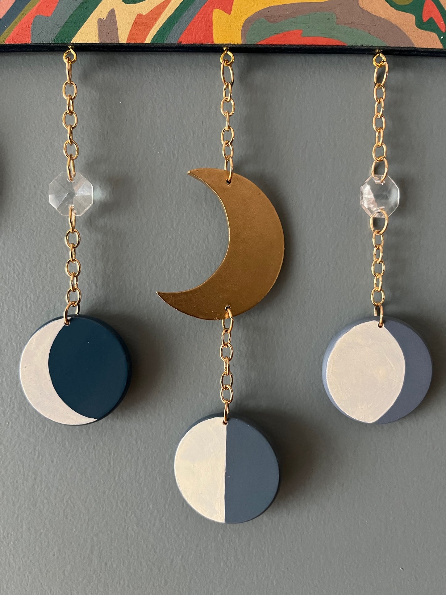 Hand painted wooden moon phase & chain hanger with sun catcher charms Decor from GemCadet