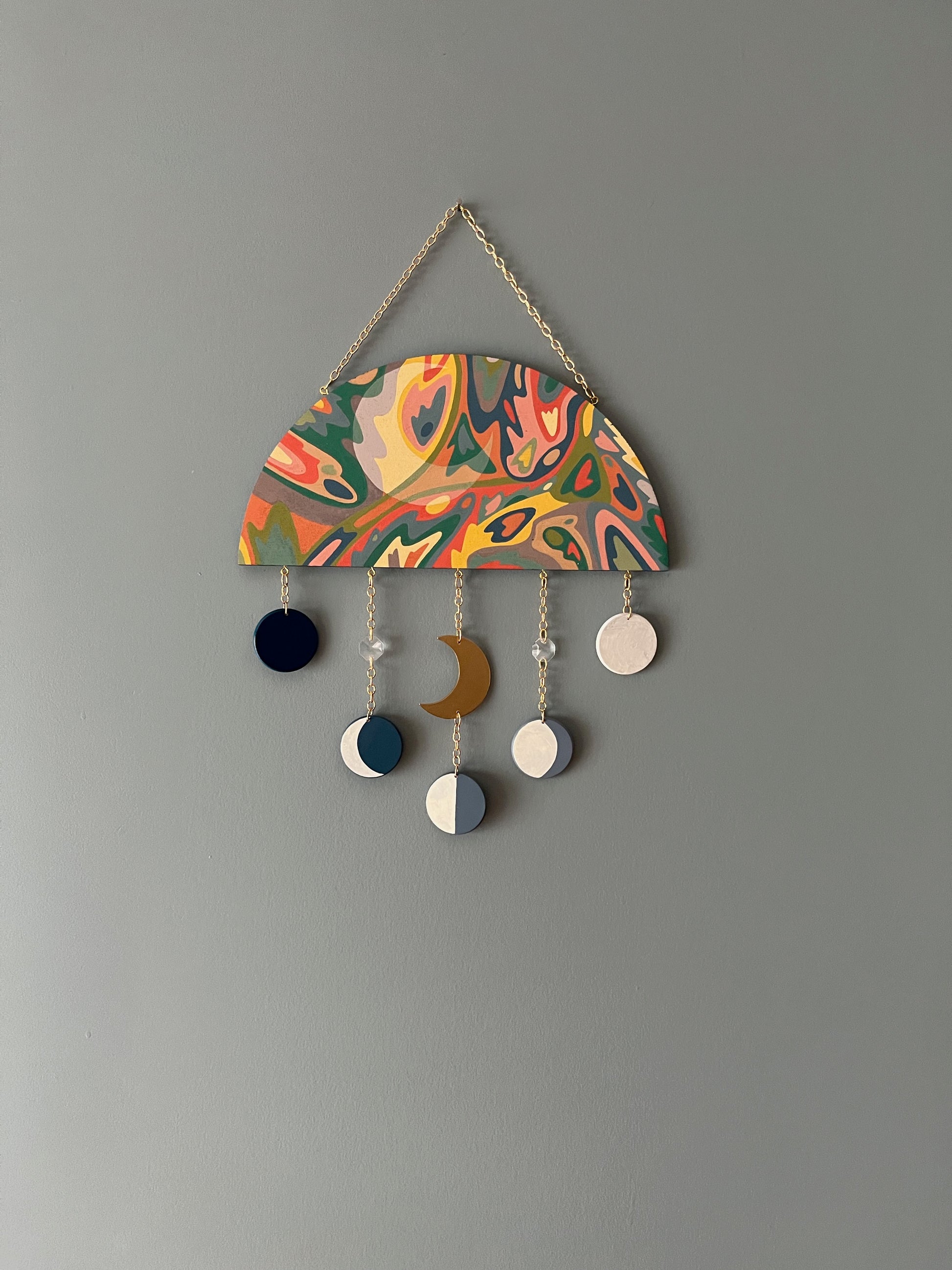 Hand painted wooden moon phase & chain hanger with sun catcher charms Decor from GemCadet