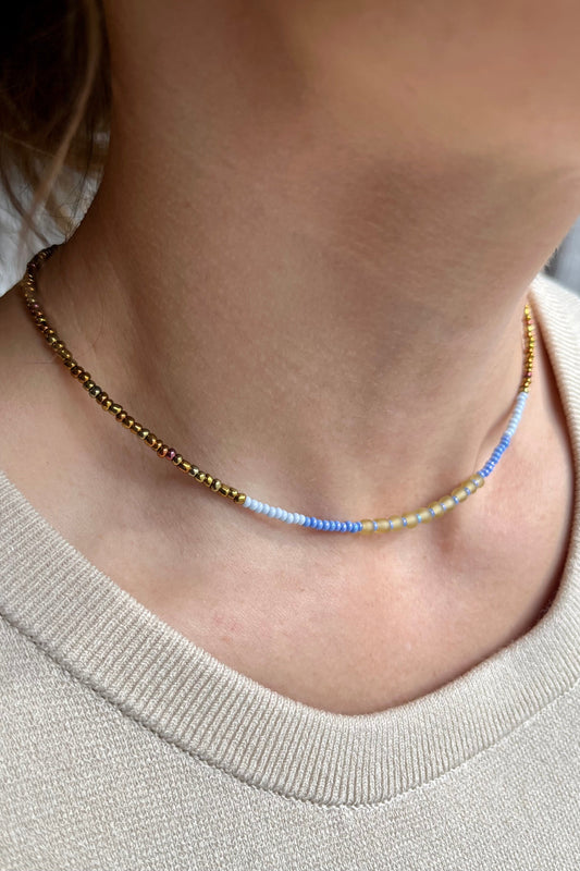 Multi Gold & Blue Seed Bead Single Strand Elevated Choker with Sterling Silver Chain & Clasps necklace from GemCadet