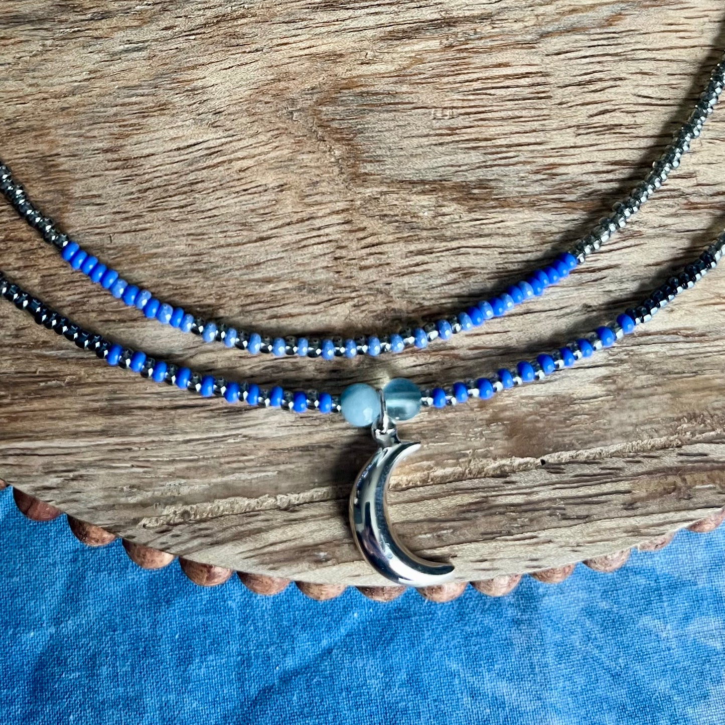 Blue Sterling Silver Moon Double Strand Necklace
