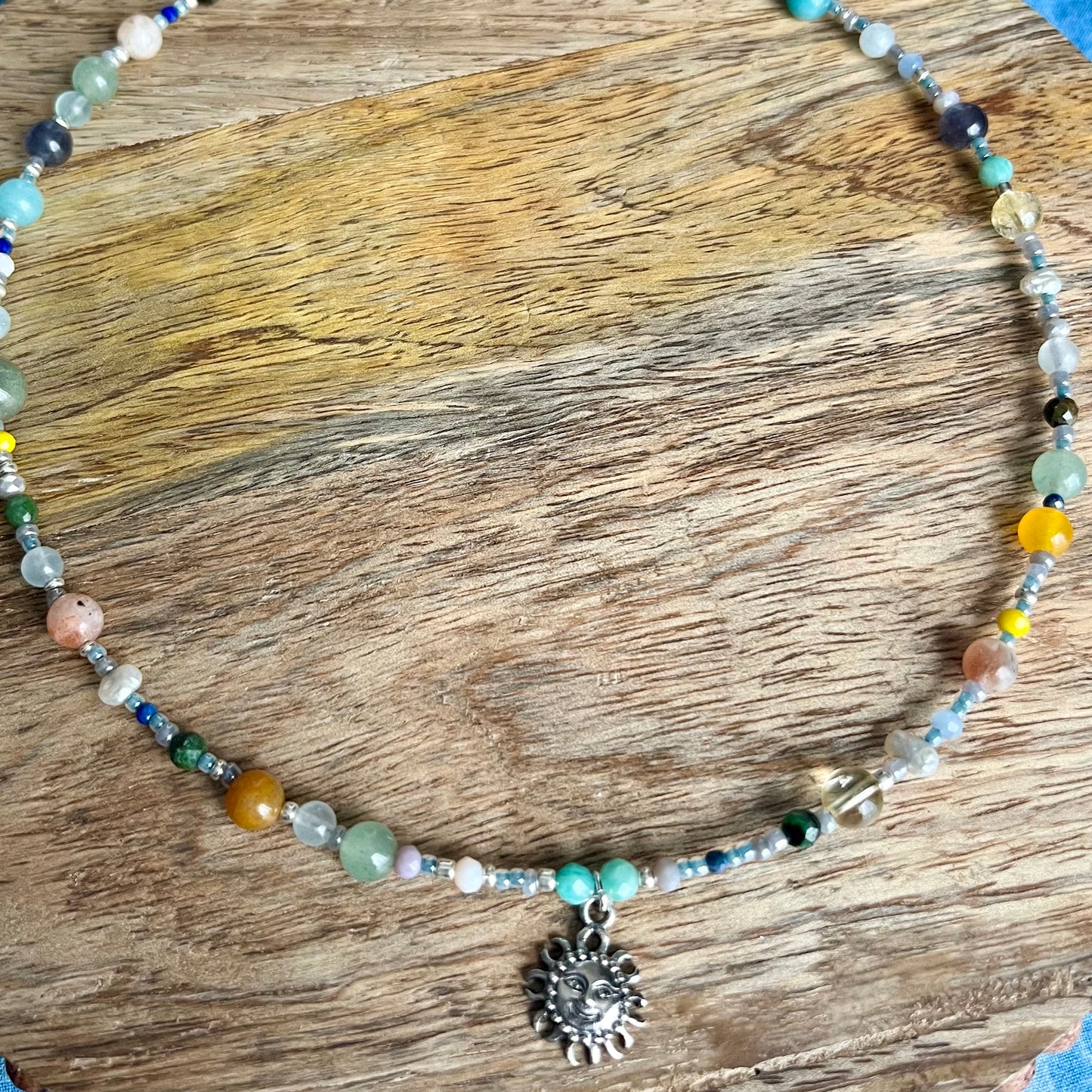 Multi Bead Sterling Silver Sun Necklace