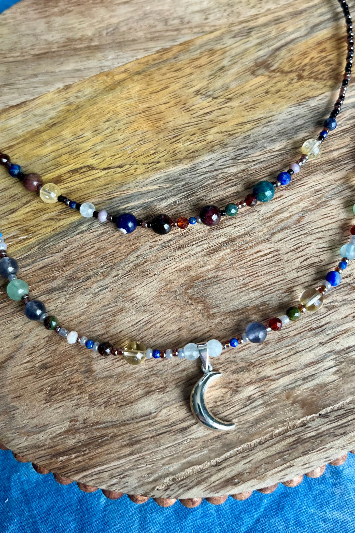 Multi Bead Sterling Silver Moon Double Strand Necklace
