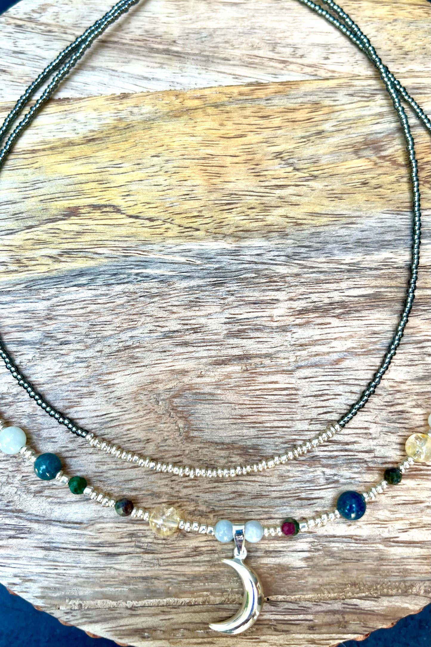 Double Strand Sterling Silver Beaded Moon