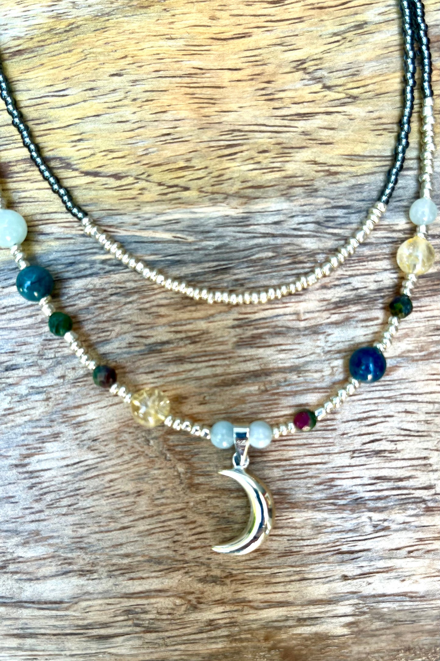 Double Strand Sterling Silver Beaded Moon