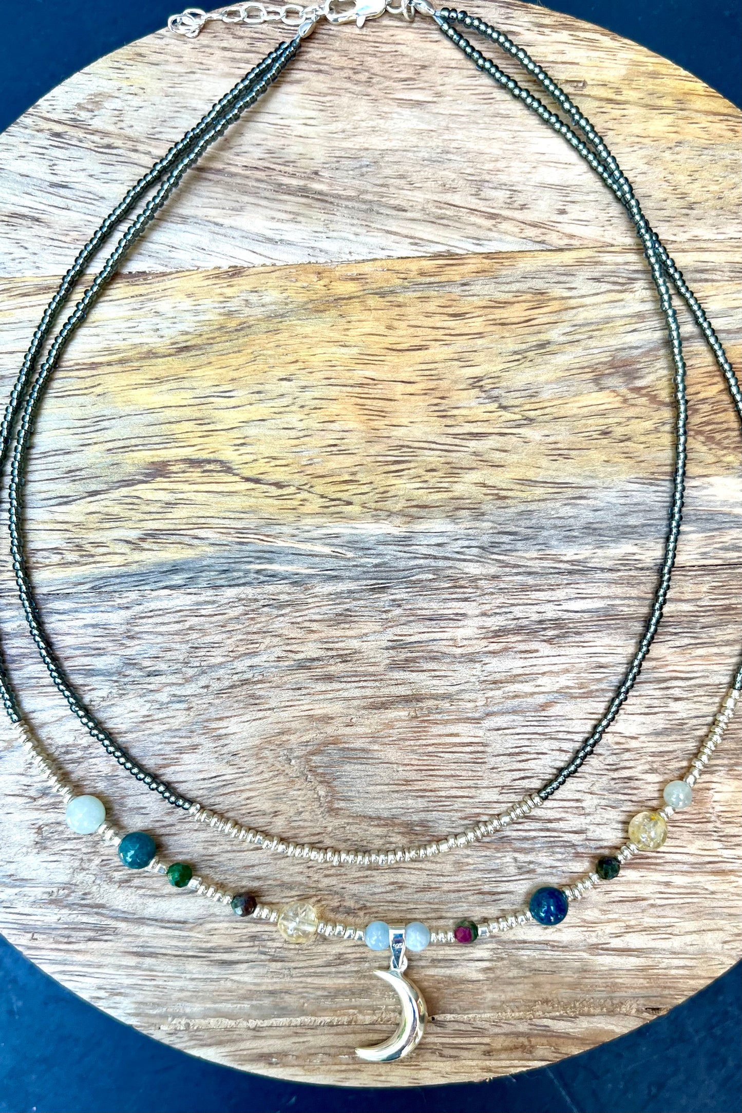 Double Strand Sterling Silver Beaded Moon