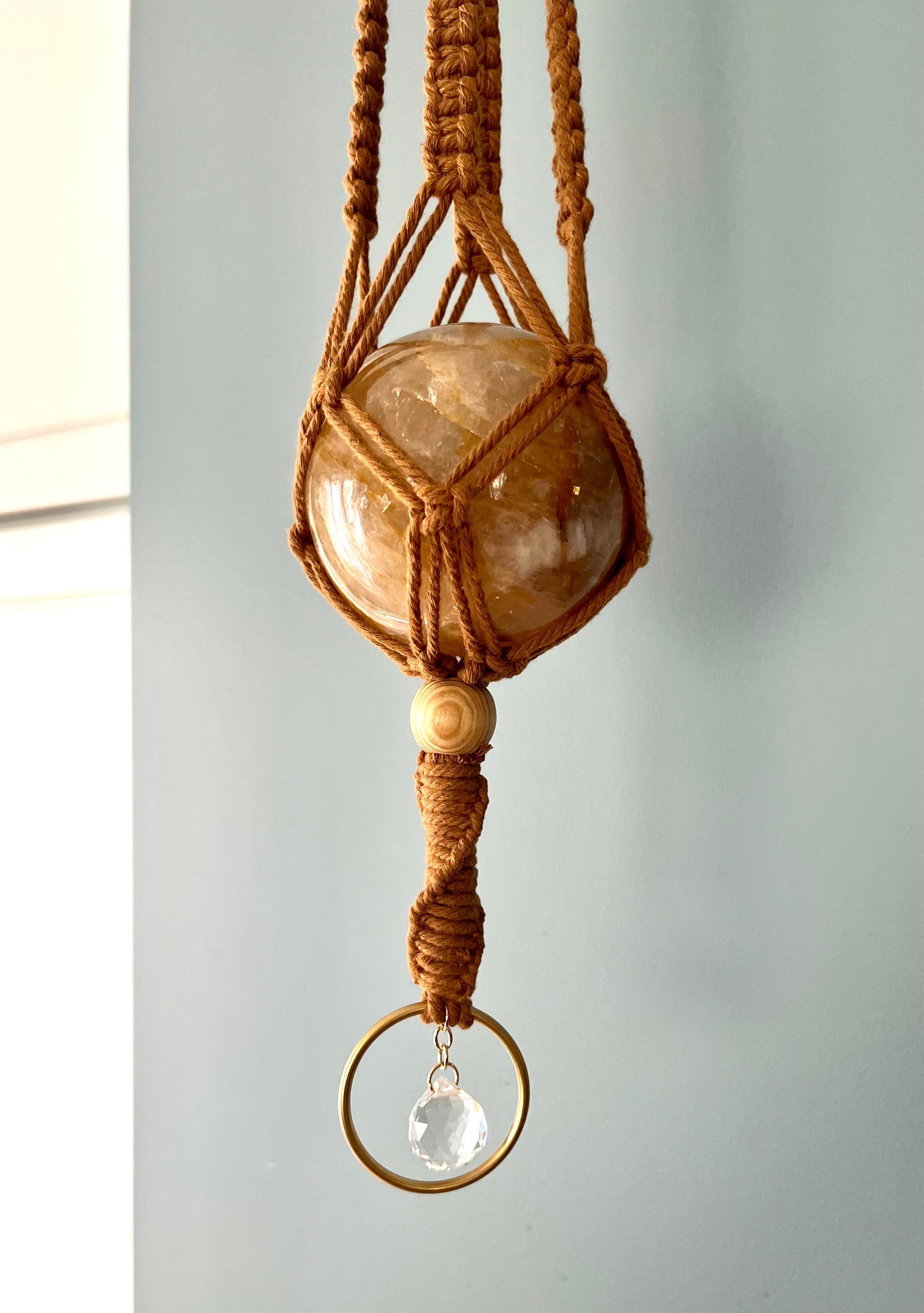 Sun Catcher Macrame Hanger with Golden Healer sphere Decor from GemCadet