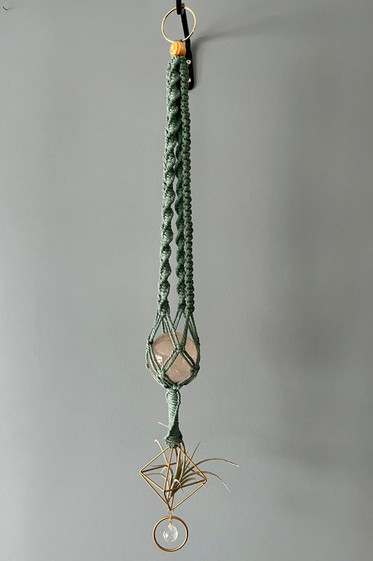 Clear Quartz / Air Plant Holder / Sun Catcher Macrame Hanger Green