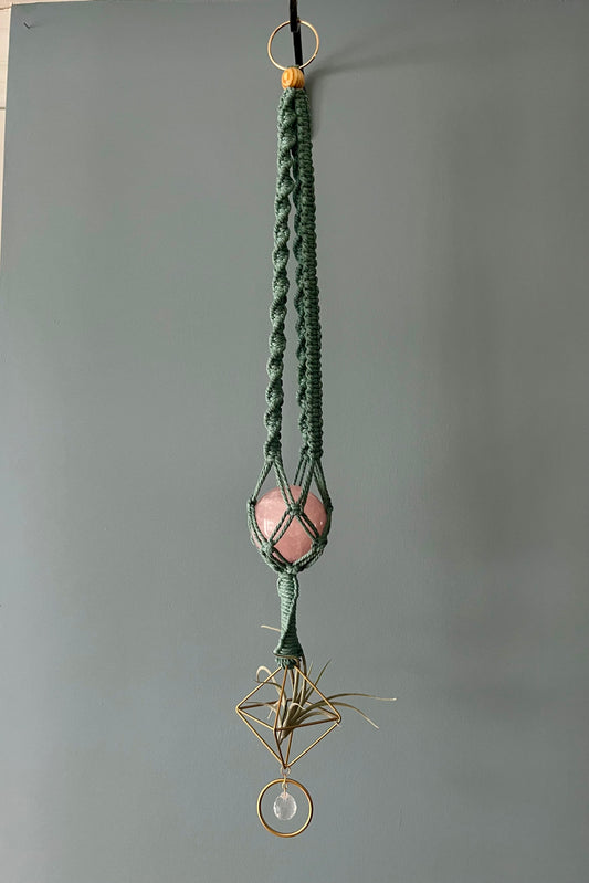 Rose Quartz / Air Plant Holder / Sun Catcher Macrame Hanger Green