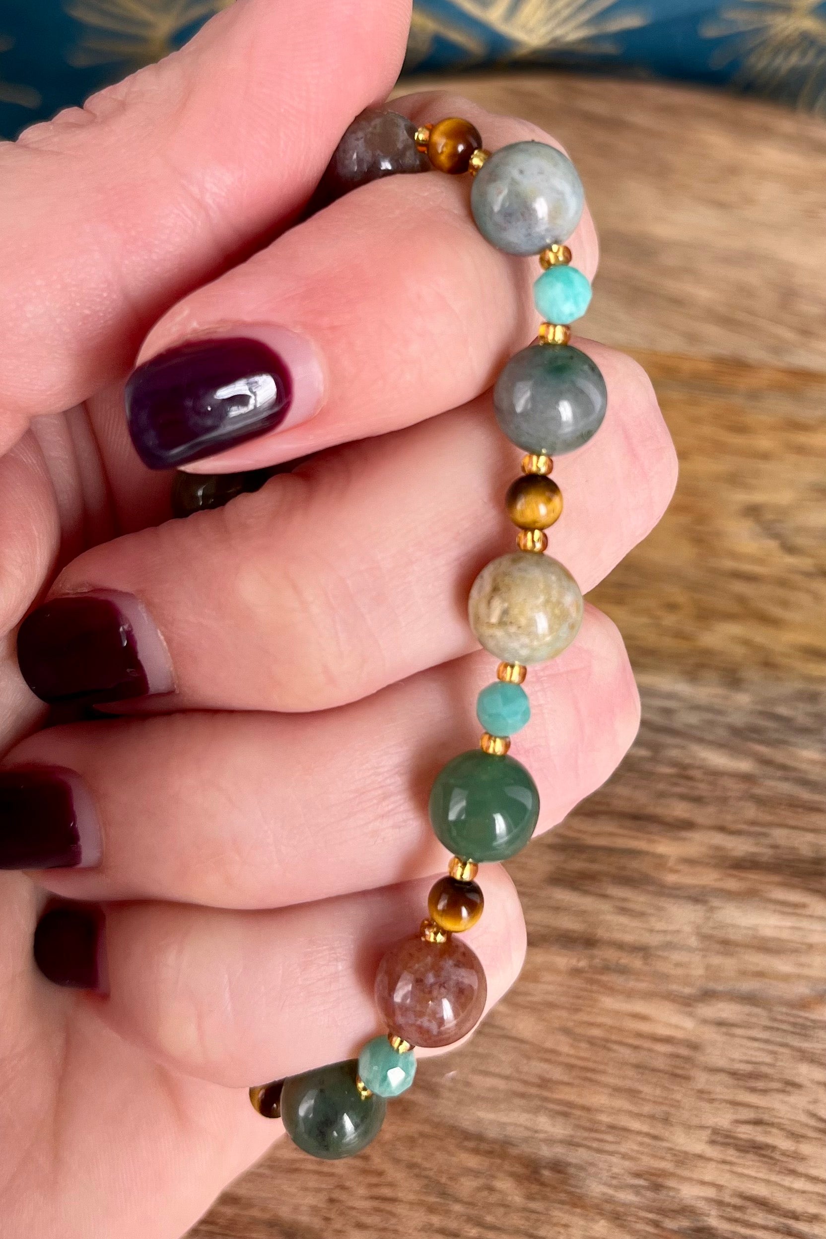 Indian Agate Stone, Amazonite & Tigers Eye Beaded Bracelet jewelry from GemCadet