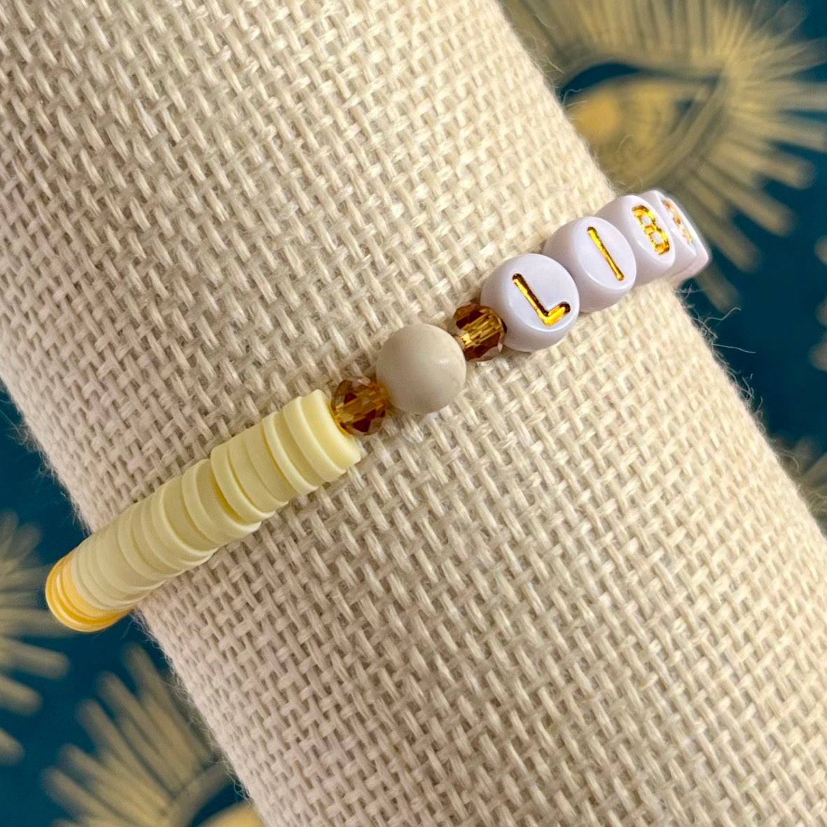 Libra Zodiac Bracelet: White Gold Letter Beads with Sunstone and tigers eye  stone beads