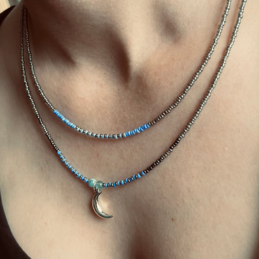 Blue Sterling Silver Moon Double Strand Necklace