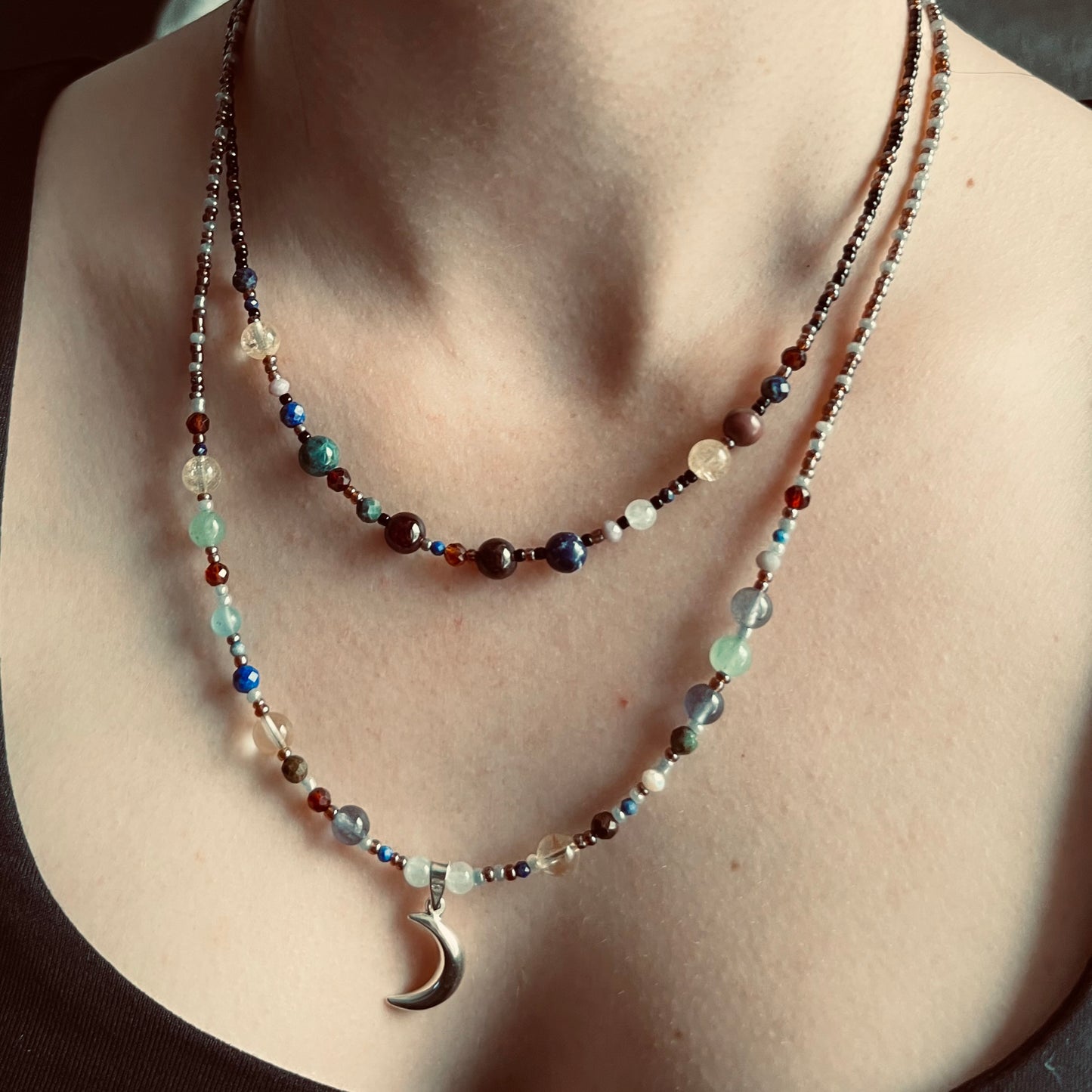 Multi Bead Sterling Silver Moon Double Strand Necklace