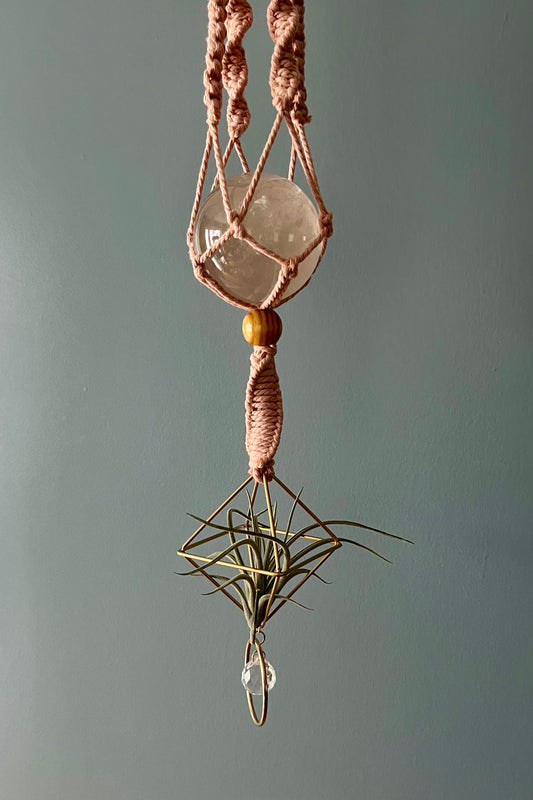 Clear Quartz / Air Plant Holder / Sun Catcher Macrame Hanger Pink