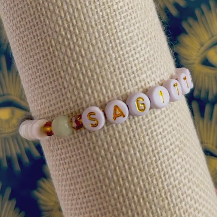 Sagittarius Zodiac Bracelet: White Gold Letter Beads with