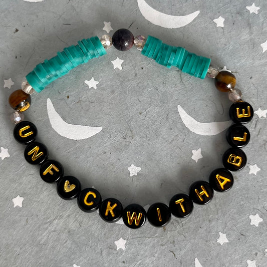 In Your Feelings Letter Bead Bracelets 'Unf*ckwithable' Black Gold Letter beads and Tiger's Eye stone beads bracelet from GemCadet