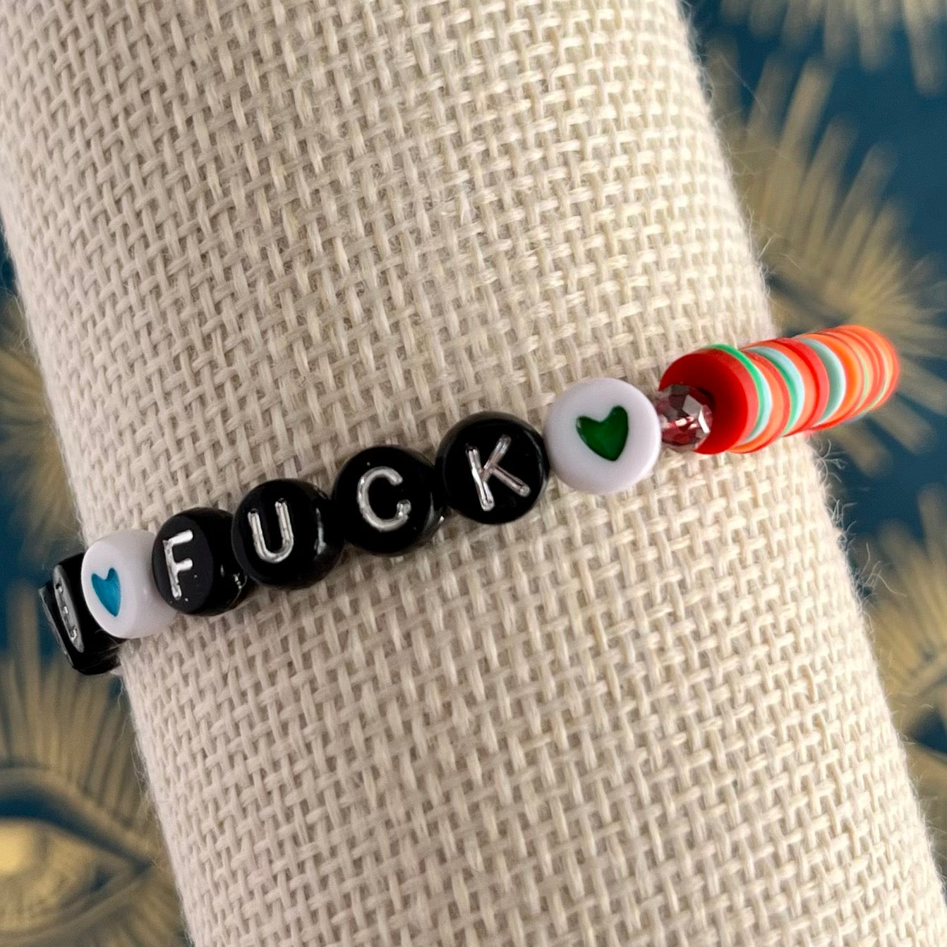 In Your Feelings Letter Bead Bracelets 'What the Fuck' Black Silver Letters,  rainbow multi and heart beads with blue aventurine stone bead
