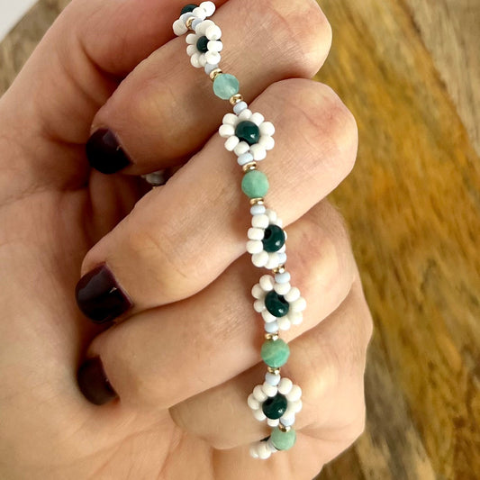 White & Green Daisy Chain Amazonite Stretch Bracelet jewelry from GemCadet