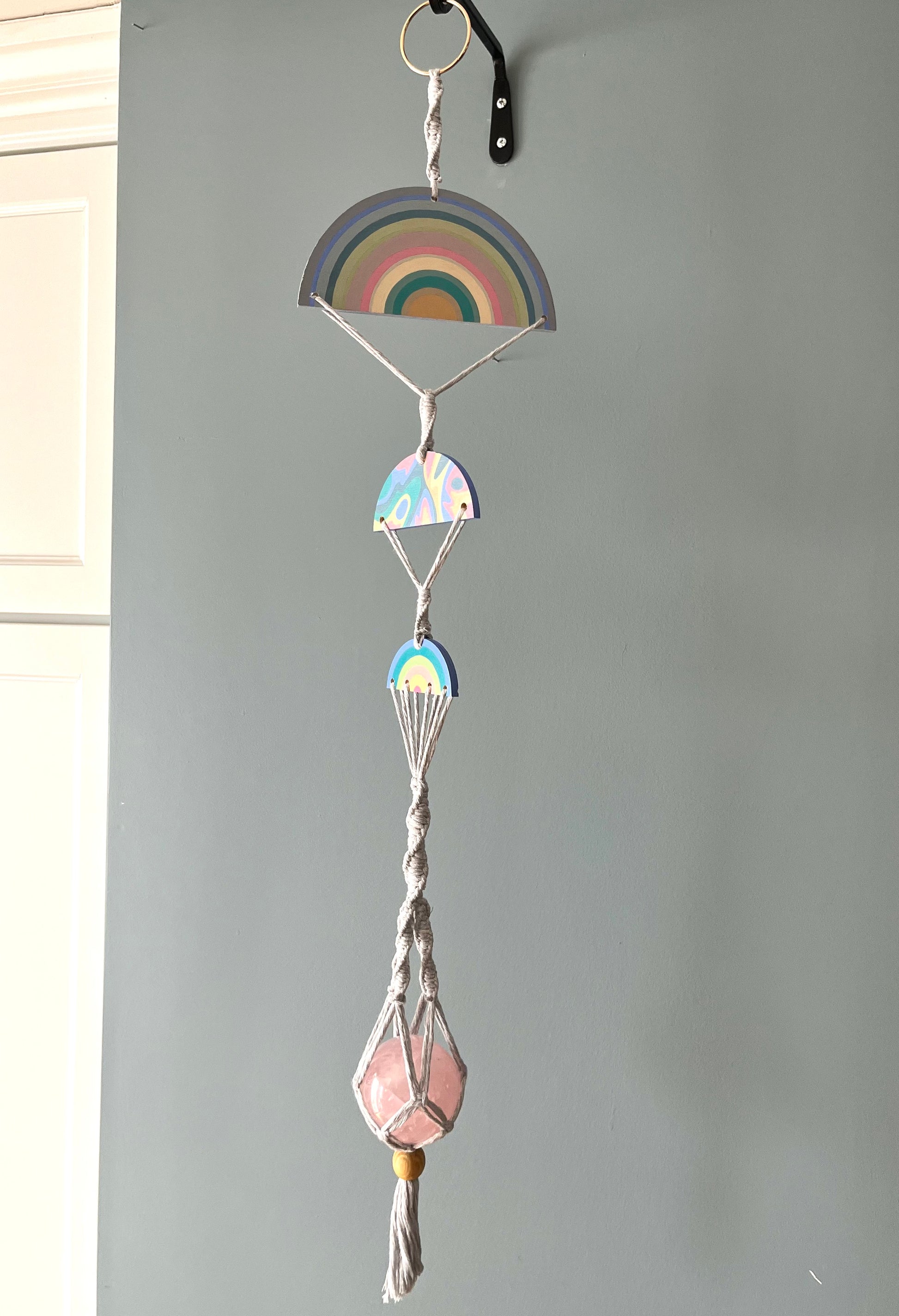 Radiant Love: Rainbow Rose Quartz Macrame Hanger Decor from GemCadet