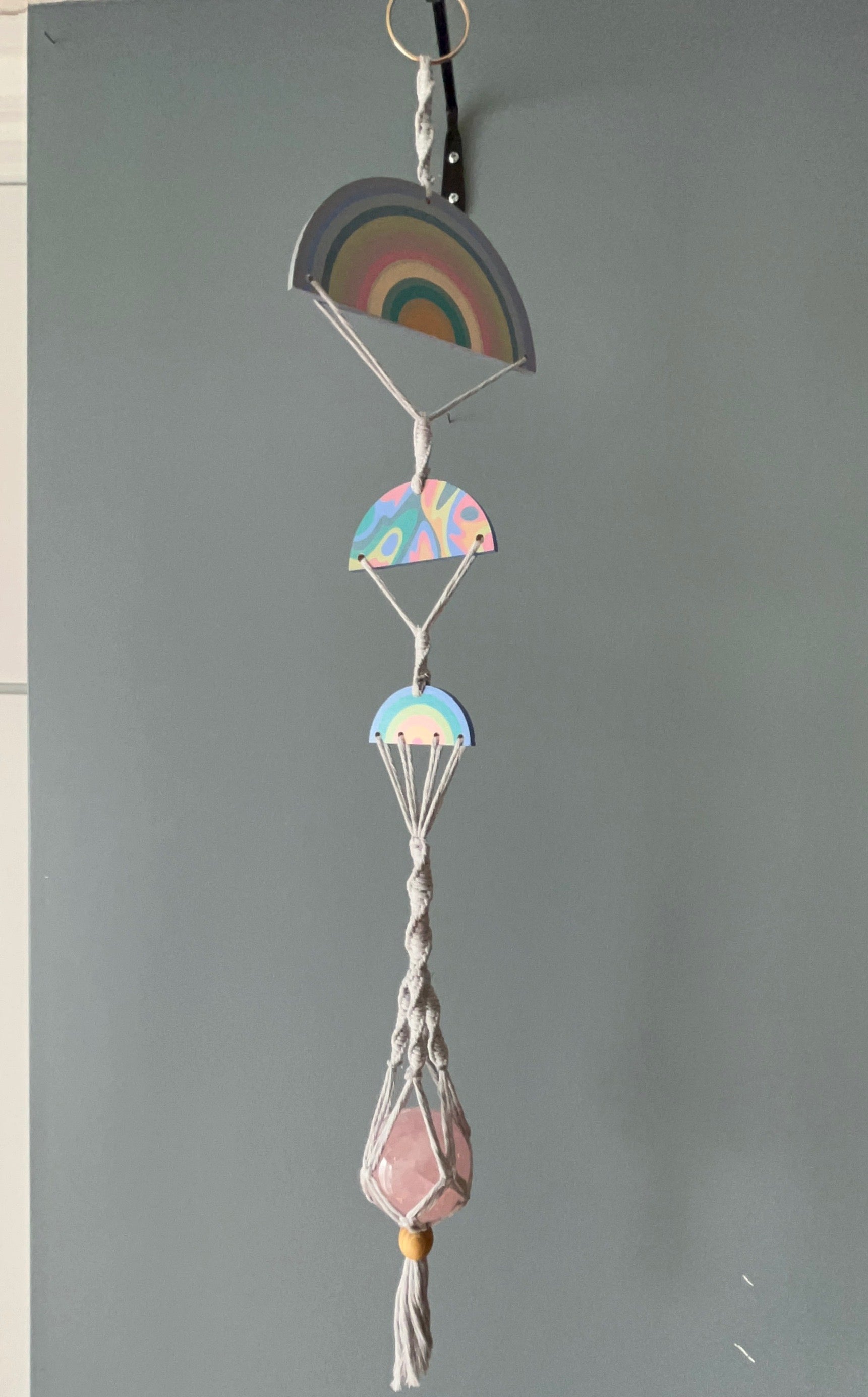 Radiant Love: Rainbow Rose Quartz Macrame Hanger Decor from GemCadet